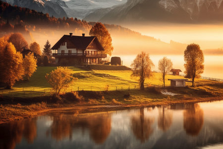 Autumn landscape with alpine village on the shore of lake.の素材