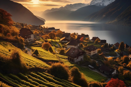 Lake Lucerne, Switzerland. Village of Lucerne at sunset.の素材