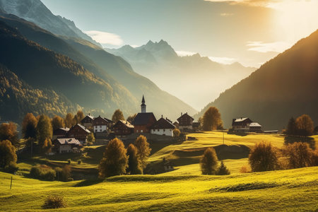 Idyllic alpine village in the morning light, Alps, Switzerlandの素材