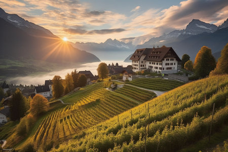 Sunset over the village of Zell am See, Switzerland.の素材