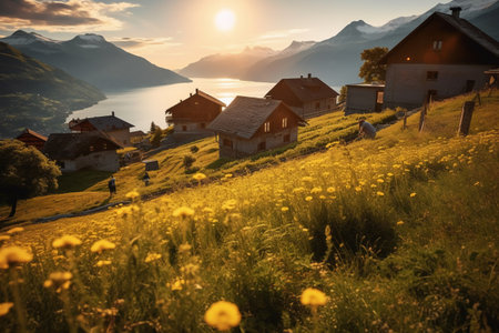 Sunset in the swiss alps, lake Lucerne, Switzerlandの素材