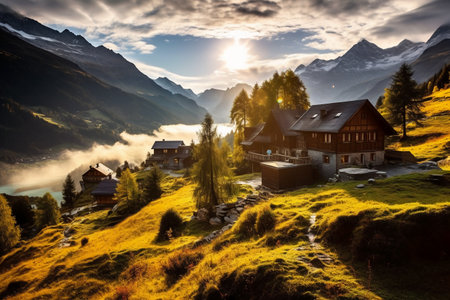 Beautiful alpine village in the Swiss Alps at sunset, Switzerlandの素材