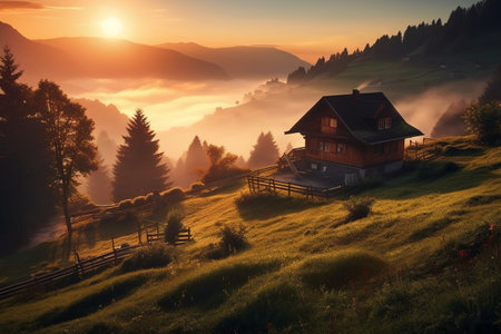 Cottage in the mountains at sunrise. Carpathians, Ukraineの素材