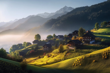 Foggy morning in the alps. Landscape with village and mountainsの素材