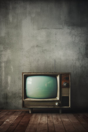 Vintage TV on wooden floor with grunge wall background. Toned image.の素材