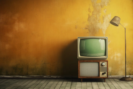Retro TV in the room with yellow wall. 3d renderingの素材