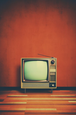 Vintage TV set on wooden floor and red wall background - vintage filterの素材