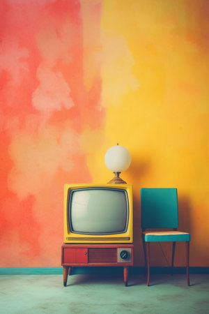 Retro TV and chair on colorful wall background - Vintage filter effectの素材