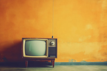 Vintage TV on orange wall background - Vintage filter and retro effectの素材
