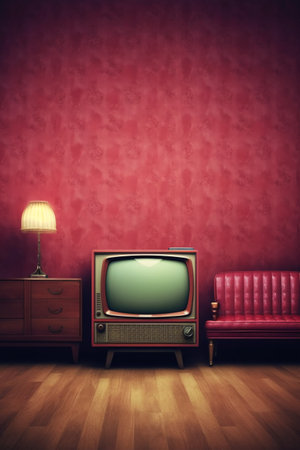 Retro TV in the room with a red wall and a sofaの素材