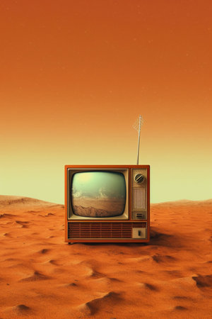 Retro TV in the desert. 3D render. Vintage style.の素材