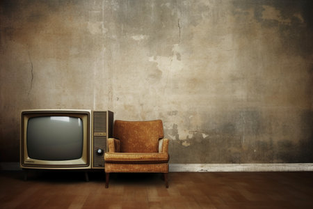 retro tv and sofa in the room with grunge wall backgroundの素材