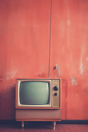 Vintage television on red wall background - vintage filter and soft focusの素材