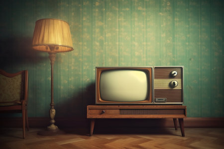 Vintage TV and lamp on a wooden table in the room.の素材
