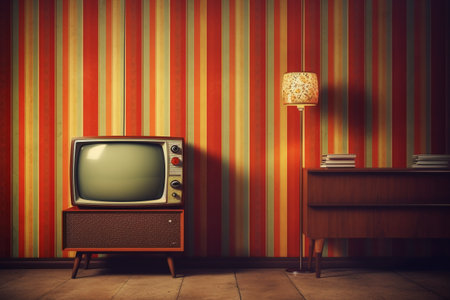 Retro TV in the room with orange wallpaper. 3d renderingの素材