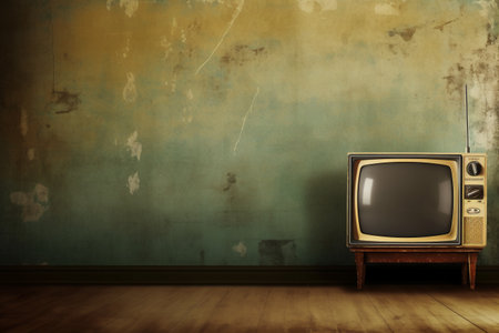 Vintage TV on the wooden floor, grunge wall background.の素材