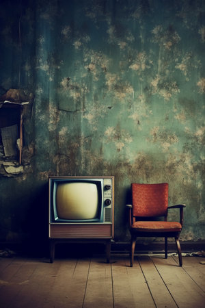 Vintage television and chair in grunge room,retro styleの素材