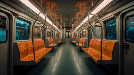 Interior of a modern subway car with orange seats in perspective.の素材