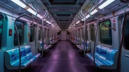 Inside of a subway car with empty seats, illuminated by neon lightsの素材