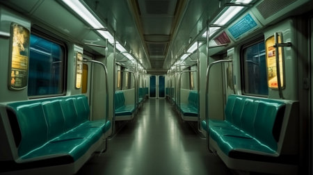 Interior of a modern passenger train. Train interior with blue seatsの素材