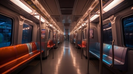 Interior of a modern subway car with empty seats. 3d renderingの素材