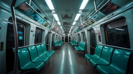 Interior of a subway car with blue seats and a blurred backgroundの素材