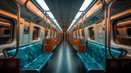 Interior of a modern train with orange seats and blue lights.の素材