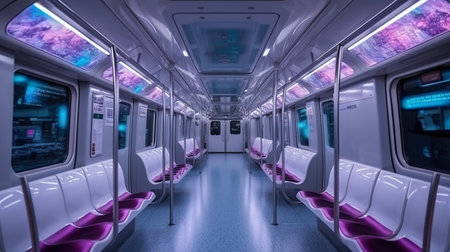 Interior of a modern passenger train with neon lights. 3d renderingの素材