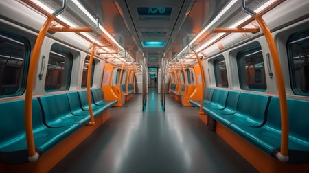Interior of an empty subway car with orange and blue seats.の素材