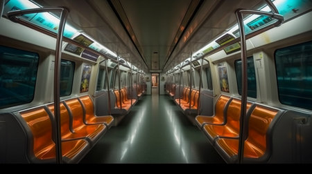 Interior of a modern subway car with orange seats and lights.の素材
