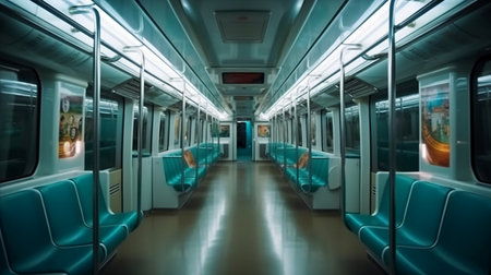 Interior of a modern train with blue seats in a public transportの素材