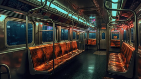 Interior of a modern subway car with empty seats. 3d renderingの素材