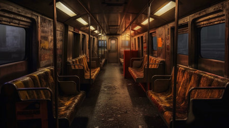 Interior of an old train car at night, 3d renderの素材