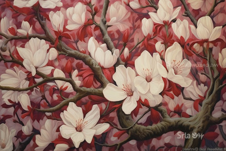 Pink and white magnolia flowers on a red background. Spring.の素材