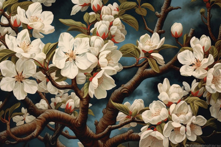 Painting of a cherry blossom tree on a blue sky backgroundの素材