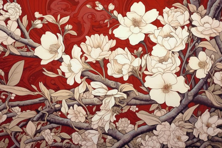 Illustration of Japanese cherry blossoms on a red background. Digital painting.の素材