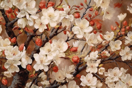 Artistic painting of cherry blossom tree with white flowers on brown backgroundの素材