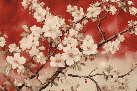 cherry blossom on a red background with grunge paper textureの素材