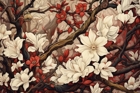Digital painting of a magnolia tree with white flowers and red leavesの素材