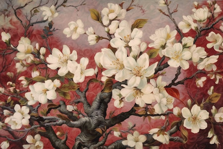 Painting of cherry blossom in red and white on a red backgroundの素材