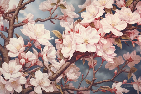 Blossoming branch of sakura on blue sky background. Vintage styleの素材