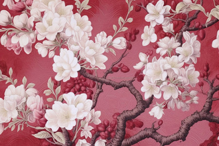 Beautiful cherry blossom sakura on the red background, digital paintingの素材