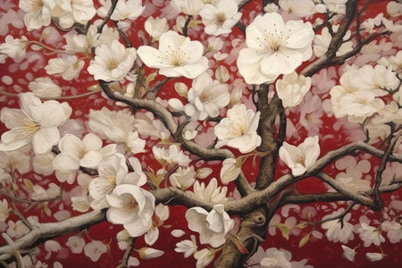 cherry blossom tree on a red background, closeup of photoの素材