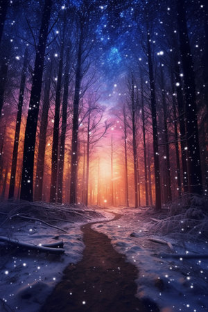 Mysterious winter forest with fog and snowfall. 3D renderingの素材