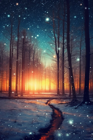 Winter forest at night with snow and stars. Magical winter landscape.の素材