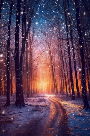 Winter forest at night with snow and falling snowflakes. Landscape.の素材