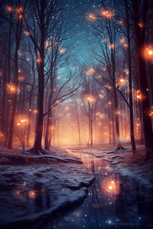 Winter forest at night with fog and lights. Magical winter landscape.の素材
