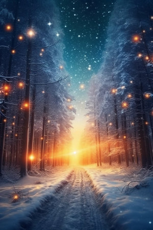 Winter forest at night. Road in the winter forest. Christmas backgroundの素材