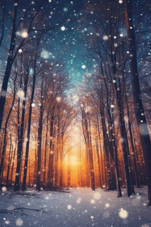 Snowfall in the forest at sunset. Beautiful winter landscape with treesの素材