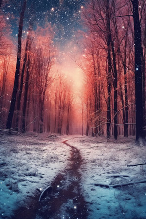 Winter forest at night with snowfall. Magical winter forest. Magical winter forest.の素材